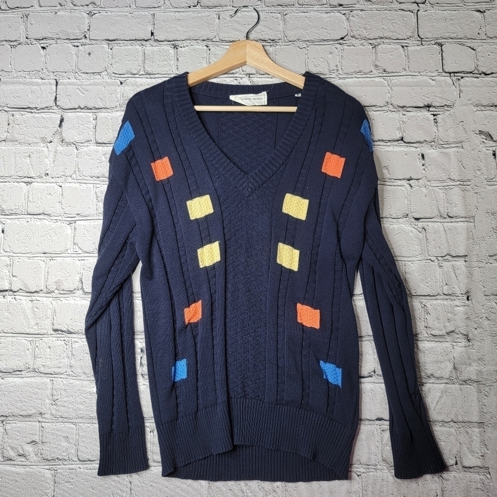 Vtg Mila Schön Uomo‎ 100% Cotton VNeck Knit Navy Blue Color Block Sweater Size S